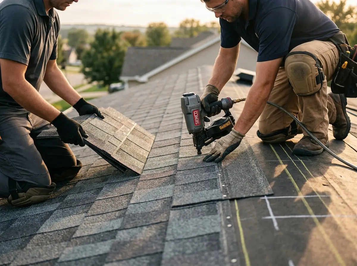 Professional roofer working on a residential roof in Norton